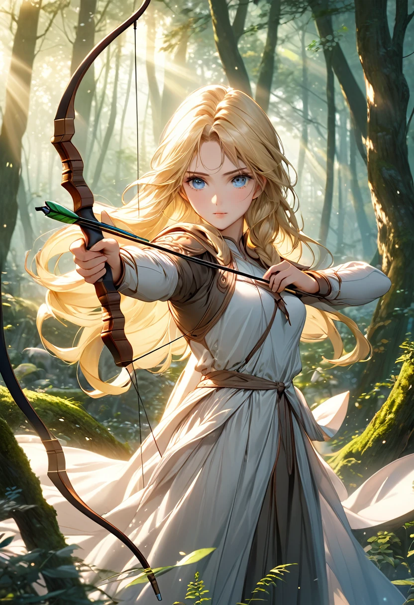 Beautiful female archer, holding a bow, Delicate face, beautiful eyes, Detailed facial features, Flowing long hair, Elegant Posture, Fantasy Landscape, Dense forest, blond，Sunlight through the trees, Soft tones, Dramatic Lighting, Film composition, number, Extremely detailed, (best quality,4K,8K,high resolution,masterpiece:1.2),Extremely detailed,(Practical,photoPractical,photo-Practical:1.37)