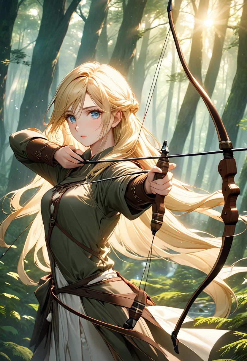 Beautiful female archer, holding a bow, Delicate face, beautiful eyes, Detailed facial features, Flowing long hair, Elegant Posture, Fantasy Landscape, Dense forest, blond，Sunlight through the trees, Soft tones, Dramatic Lighting, Film composition, number, Extremely detailed, (best quality,4K,8K,high resolution,masterpiece:1.2),Extremely detailed,(Practical,photoPractical,photo-Practical:1.37)