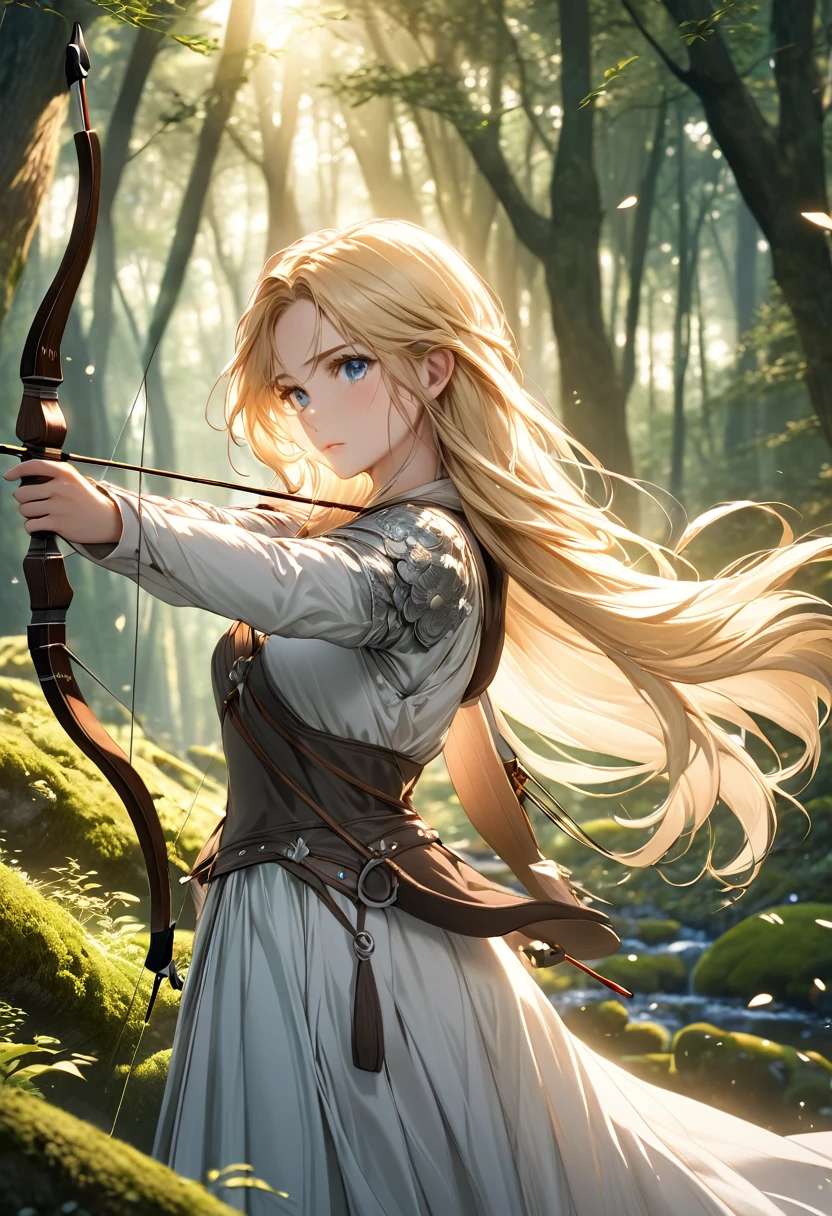 Beautiful female archer, holding a bow, Delicate face, beautiful eyes, Detailed facial features, Flowing long hair, Elegant Posture, Fantasy Landscape, Dense forest, blond，Sunlight through the trees, Soft tones, Dramatic Lighting, Film composition, number, Extremely detailed, (best quality,4K,8K,high resolution,masterpiece:1.2),Extremely detailed,(Practical,photoPractical,photo-Practical:1.37)