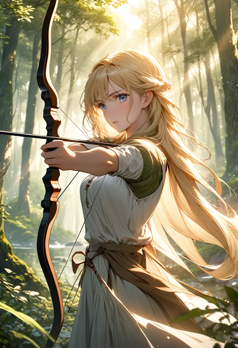 Beautiful female archer, holding a bow, Delicate face, beautiful eyes, Detailed facial features, Flowing long hair, Elegant Posture, Fantasy Landscape, Dense forest, blond，Sunlight through the trees, Soft tones, Dramatic Lighting, Film composition, number, Extremely detailed, (best quality,4K,8K,high resolution,masterpiece:1.2),Extremely detailed,(Practical,photoPractical,photo-Practical:1.37)