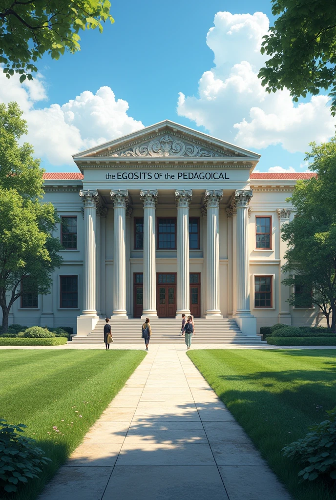 Make me an image of a university that has a phrase written on it: The Egoists of the Pedagogical.