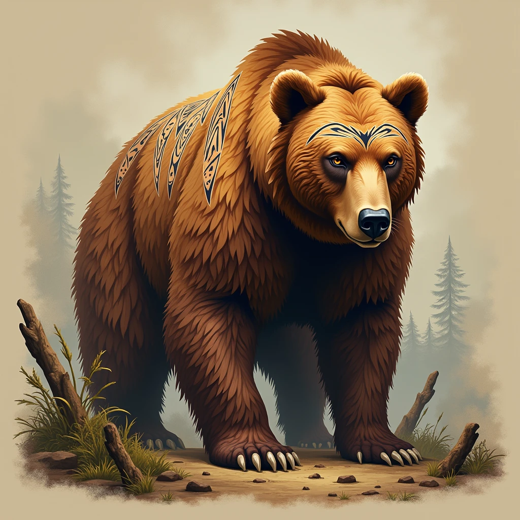 Brown Bear, Tribal style, Aboriginal、nationality、Traditional Pattern、Bold、Natural colors、Highly fine-grained, (best quality, masterpiece, photorealistic), very aesthetic, perfect composition, intricate details, ultra-detailed, vivid colors