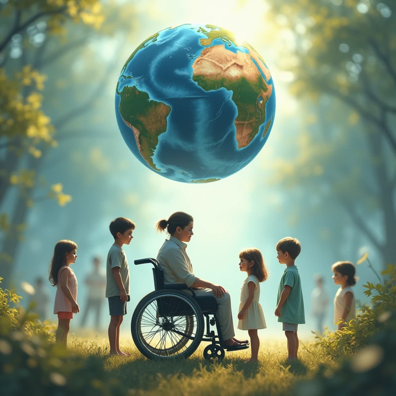 speaks an illustration with transparent background, merging planet earth, Boken, wheelchair user and children