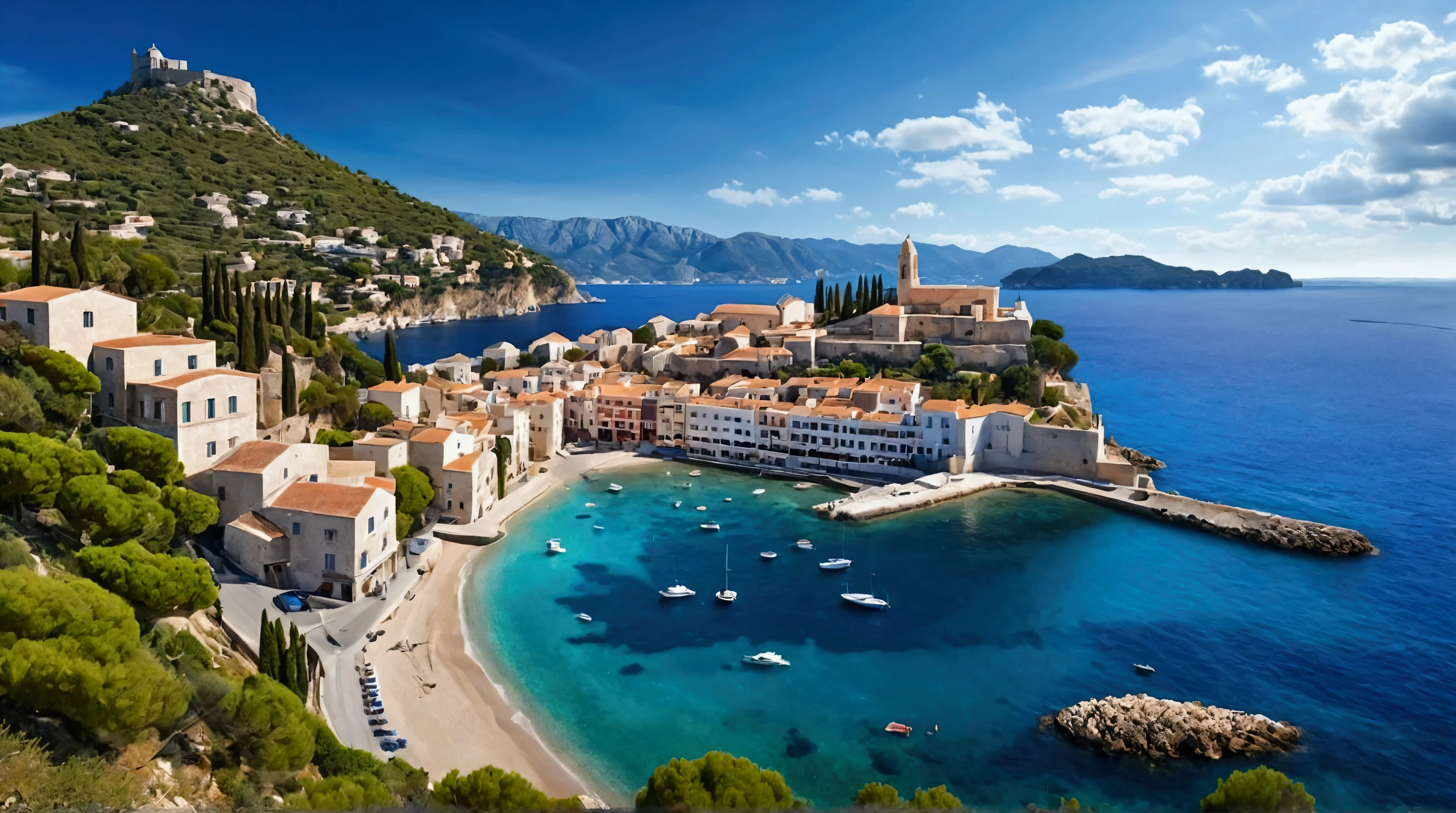 Create an ultra-high-definition, photorealistic image of a stunning Mediterranean bay. In the distance, the endless blue sea meets the sky with scattered white clouds, with gentle waves rolling across the water. On the left side of the image, a mountain range rises with lush green forests and snow-capped peaks. To the right, a charming hillside town with blue-domed cathedrals and white houses featuring red roofs overlooks the bay. A winding road snakes from the seaside up to the town. The town's marina is dotted with various sailboats, and on the bay, numerous boats of different sizes can be seen. In the middle of the bay, a solitary island stands with a red-roofed house and a tall, fluttering flag.