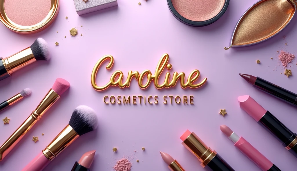 make a background image in the makeup segment of various types of makeup and cosmetics utensils with the name in the center of the image, With name ( Caroline Cosmetics Store ) in realistic gold , the background is in lilac with a gradient with gold effects
