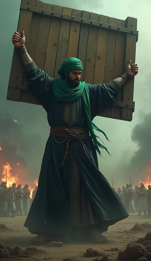 A Muslim warrior standing on a battlefield swinging a big Wooden door over his head wearing a green turban and a long black cloth with a battle scene in the background the image is dark and mysterious