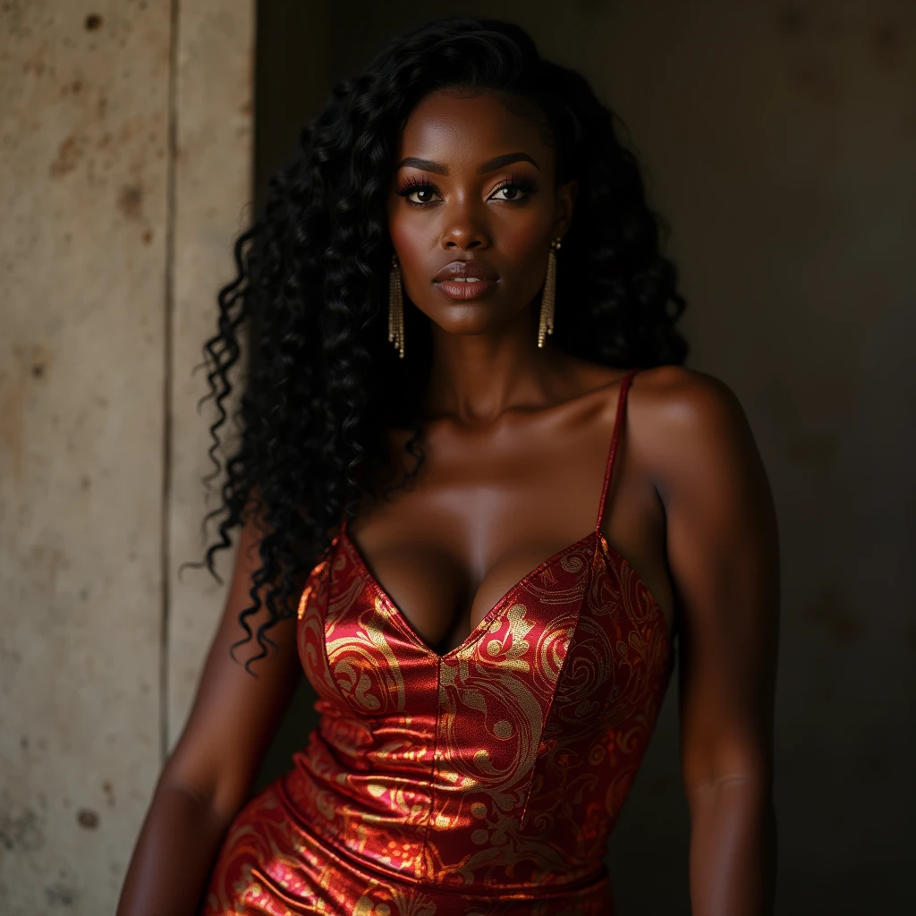 Very beautiful woman, ultra detailed, (Not Nude), queen with perfect body, with big beautiful breasts, walking with very wide hips, dark skin, hyperrealistic, Director Francis Ford Coppola