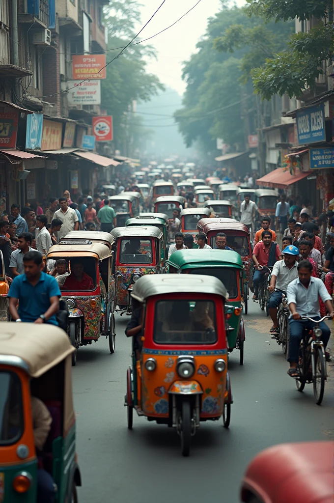 A photograph of a typical busy street in Dhaka, showcasing a mix of cars, bikes, rickshaws, and pedestrians. This image would set the context of traffic congestion in Bangladesh and the choices people make for transportation.