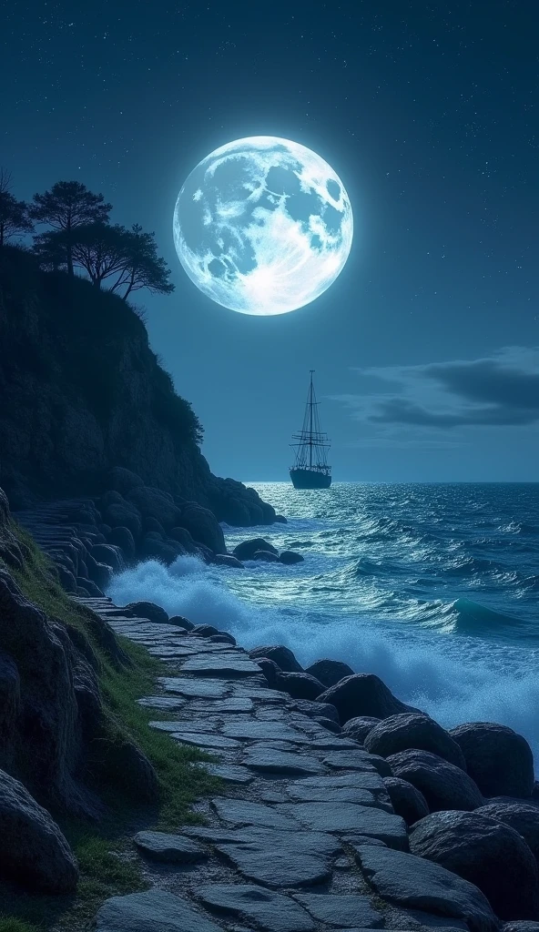 "A rocky path along the edge of the sea, bathed in the light of a full moon. The waves crash rhythmically against the shore, sending a salty spray into the cool night air. The path is illuminated by the soft glow of the moon, with a ship anchored in the distance, silhouetted against a starry sky. This path evokes a sense of serenity and solitude."