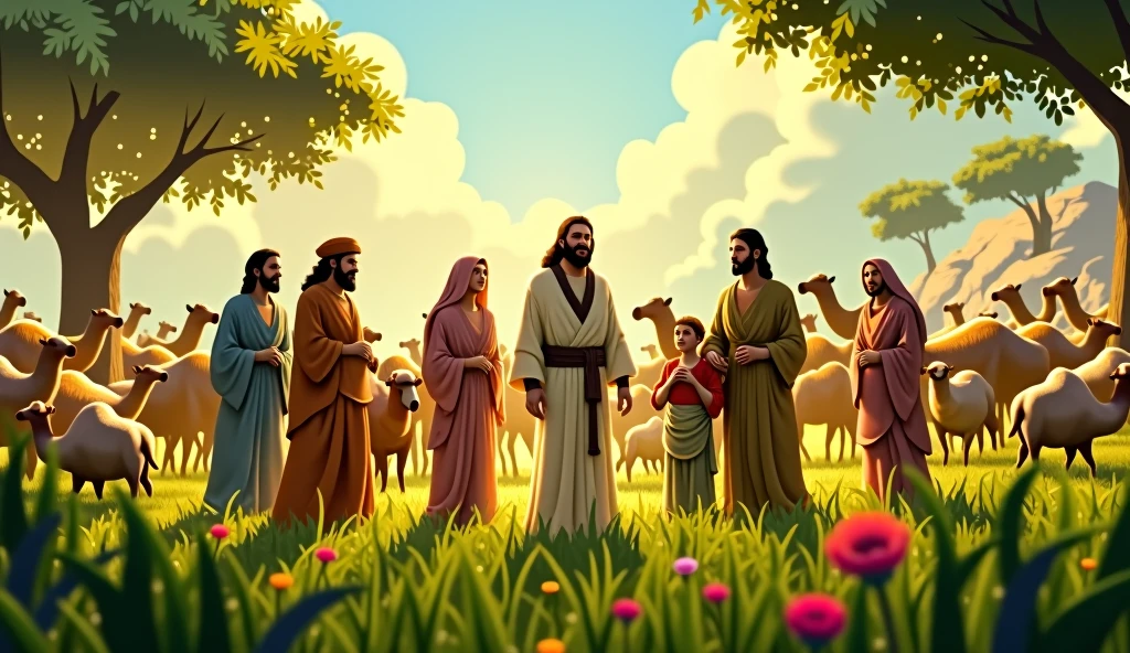 "Create a vibrant, realistic movie scene that represents Job&#39;s wealth, as described in the Bible. The image should show a vast green field, where 7.000 sheep graze peacefully under the soft sunlight. No fundo, add 3.000 camels resting under the shade of leafy trees. Also include a movement of 500 yoke of oxen plowing the land and 500 donkeys in a nearby enclosure..

In the center of the scene, portray Job&#39;s family: a wise and kind looking man, surrounded by his seven sons and three daughters, all with expressions of joy and unity. Next to them, inclua a esposa de Good, that must transmit love and strength. The atmosphere of the image should be warm and welcoming., evoking a sense of abundance and prosperity. This illustration will be used in a video scene on YouTube, proto, maintain a composition rich in details and vibrant colors that capture the viewer&#39;s attention."