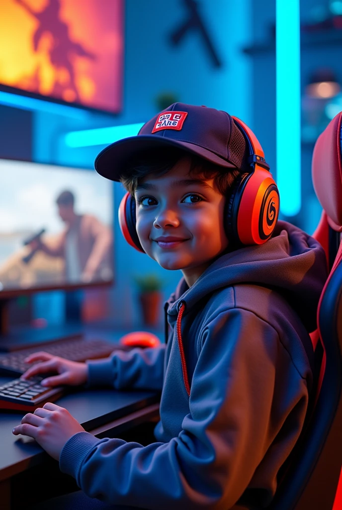 A YouTube logo called "ARUNAKANTI GAMING" , a very smart young player at 2, with hat and cool game clothes, some mixed colored backgrounds, some types of weapons used in the game, halfbody , with gaming headphones, sentado em uma cadeira gamer, colorful alert jacket , in front of the gaming desktop in the background the SILVEIRA SALES CONTABILIDADE logo, blue color palette, orange