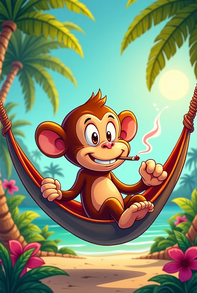 Cartoon monkey smoking lying on a hammock scratching his balls