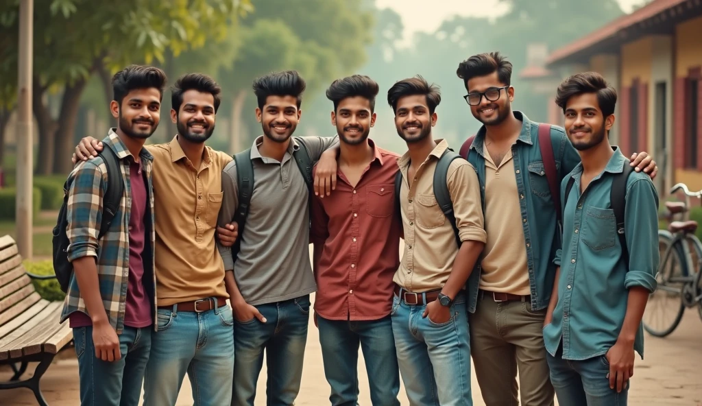 "Create a nostalgic group photo of 5-6 Indian ethnic young boys in their late teens, dressed in casual, stylish clothing from the year 2000. They should have traditional and modern hairstyles, look confident and good-looking, with friendly expressions. Set against a college campus background with vintage elements like benches and bicycles. The photo should have a warm, slightly faded tone, capturing early 2000s college life in India."