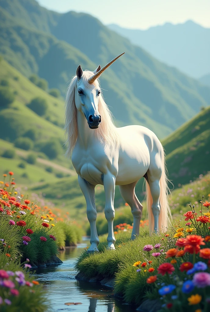 (photorealism:1.2), A unicorn in a valley with flowers 