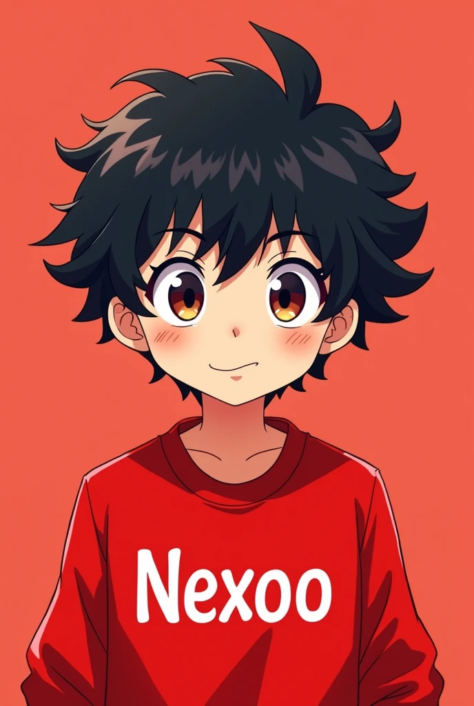 Create pictures of a boy who has curly hair and a red stripe in the front and the design should be like an anime message, the background is light red, he also has a red sweater on that has Nexoo written on it