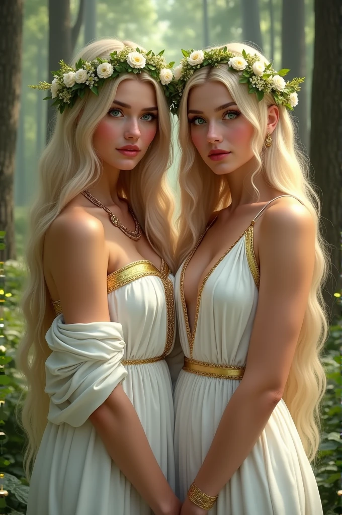 Beautiful 2 blonde woman, green eyes, flowers in hair, Ancient Greek white tunic, golden details, big breasts, Red lips, In the woods