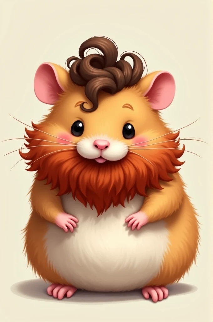 A portrait of a chubby hamster with a red haired beard and curly brown hair