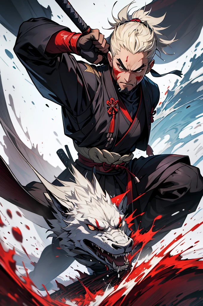 A 2 samurai male he is well shaped , samurai suit , fighting pose , with alot of splashing blood , advancing forward panoramic perspective