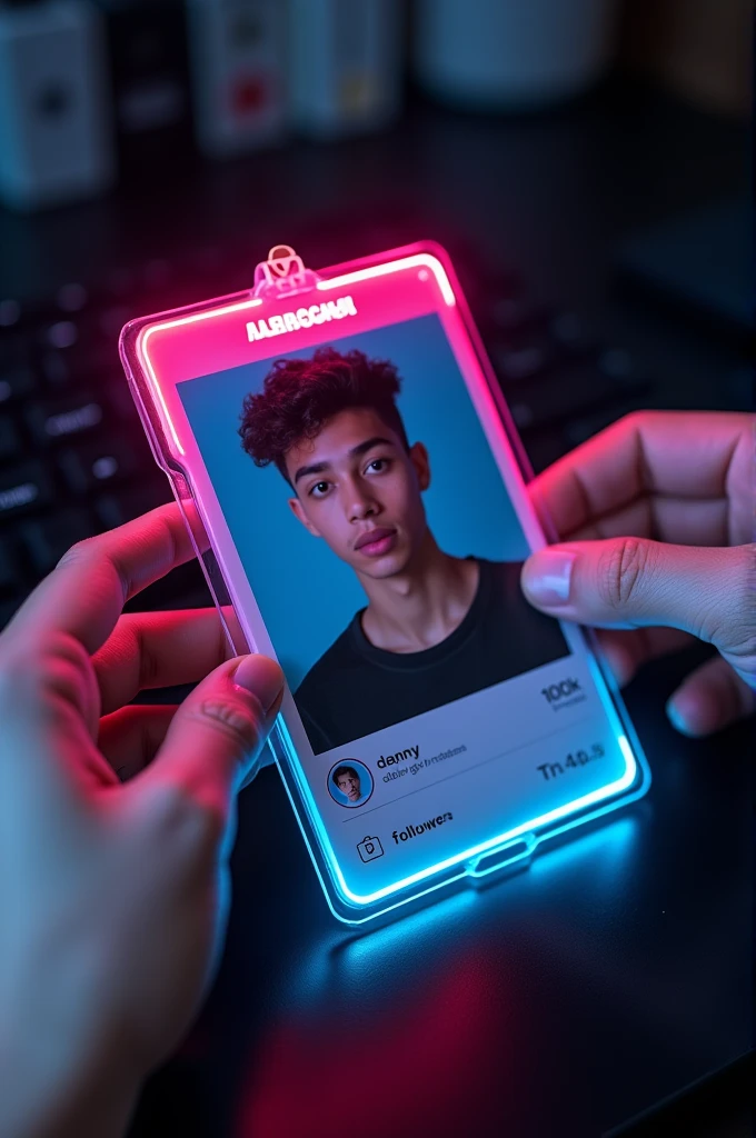 Prompt: Create a Instagram profile on glass id card on a Black desk displaying Instagram logo and realistic profile photo of a teenage boy in circle and " Danny Creates " is written in bold fonts under the profile photo and 100k Followers written, the Instagram card is glowing in pink and blue color on the edge, One corner is held with two fingers....less