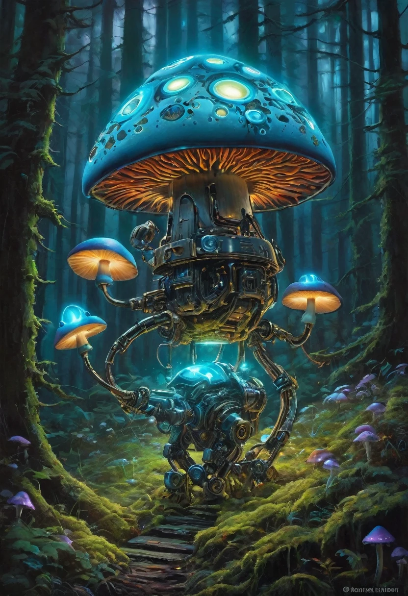 Bioluminescent Mushroom Robot, oil painting, Detailed robot with glowing mushrooms, swirly vibrant colors, surreal lighting, ultra-detailed mushrooms, realistic robot design, intricate robotic components, Magical forest scenery, moss-covered robotic limbs, moss covered outdoor robot, mechanical gears, ethereal atmosphere