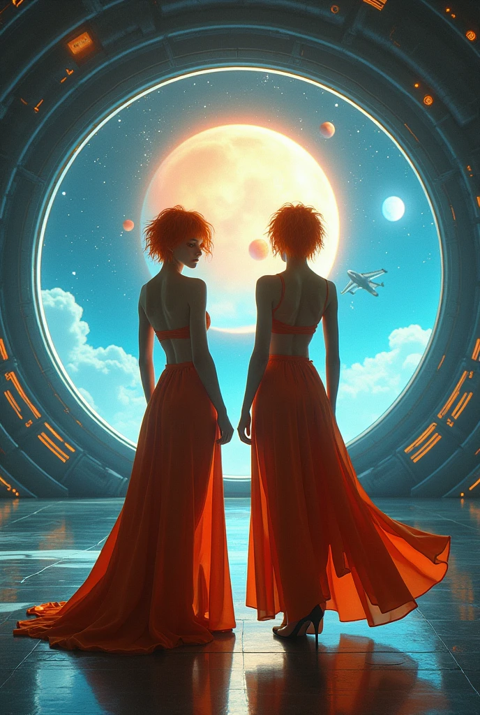 A beautiful 2 woman, short wild orange messy hair, shirtless looking at camera, long skirt, standing in a floot of a big space station end before a window, Spaceship flying in the background, detailed and realistic with sun and planets and moons at more intense and dramatic