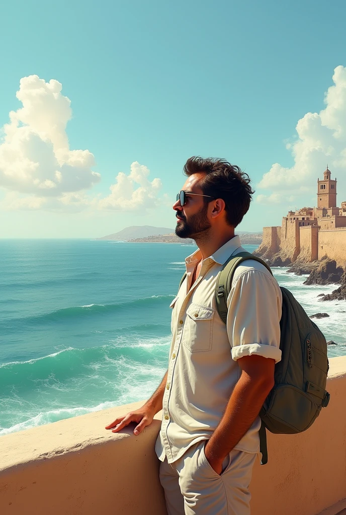 A man wearing a summer shirt and summer shorts looks from a distance at Essaouira, a very realistic and real giant