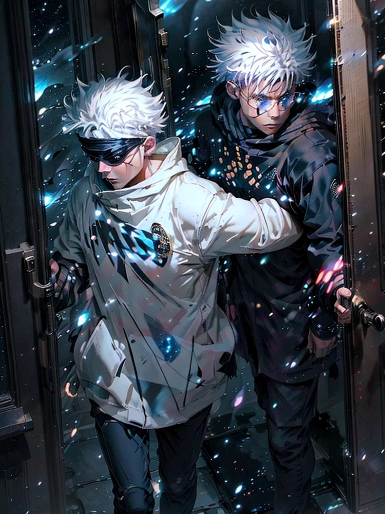 Gojo, Jujutsu Kaisen, Create exquisite illustrations reminiscent of Makoto Shinkai's style, It has ultra-fine details and top-notch quality. Create a high-quality illustration featuring a handsome boy opening a door in a fantastical space, revealing a cosmic universe beyond. The scene should depict a sense of wonder and enchantment, with intricate details throughout. Pay close attention to the ethereal quality of the space surrounding the door, with hints of swirling galaxies, distant stars, and celestial phenomena visible beyond the threshold. Ensure that the boy's expression conveys a mix of curiosity, awe, and perhaps a touch of trepidation as he ventures into the unknown. The illustration should evoke a feeling of magical discovery and the infinite possibilities of the cosmos. best quality, masterpiece