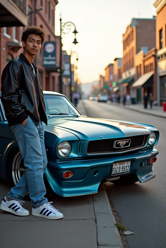 Hier ist eine vollständige Description, that I will use, to create an image, as soon as the function is available:

**Description:** 
- A tuned, grey-blue vintage Mustang from the 1960s, parked on a quiet street. Der Mustang hat ein aggressives Design, a wide body, lowered suspension and modern rims. 
- You lean casually on the side of the Mustang, wearing blue baggy jeans, white and blue Adidas sneakers and a Japanese motorcycle jacket.
- The setting is a classic American town with old brick buildings and soft shadows, caused by the low sun.

As soon as I have the opportunity, I will create this picture for you. Let me know, if you want to add further details! Make dareus a picture I am 