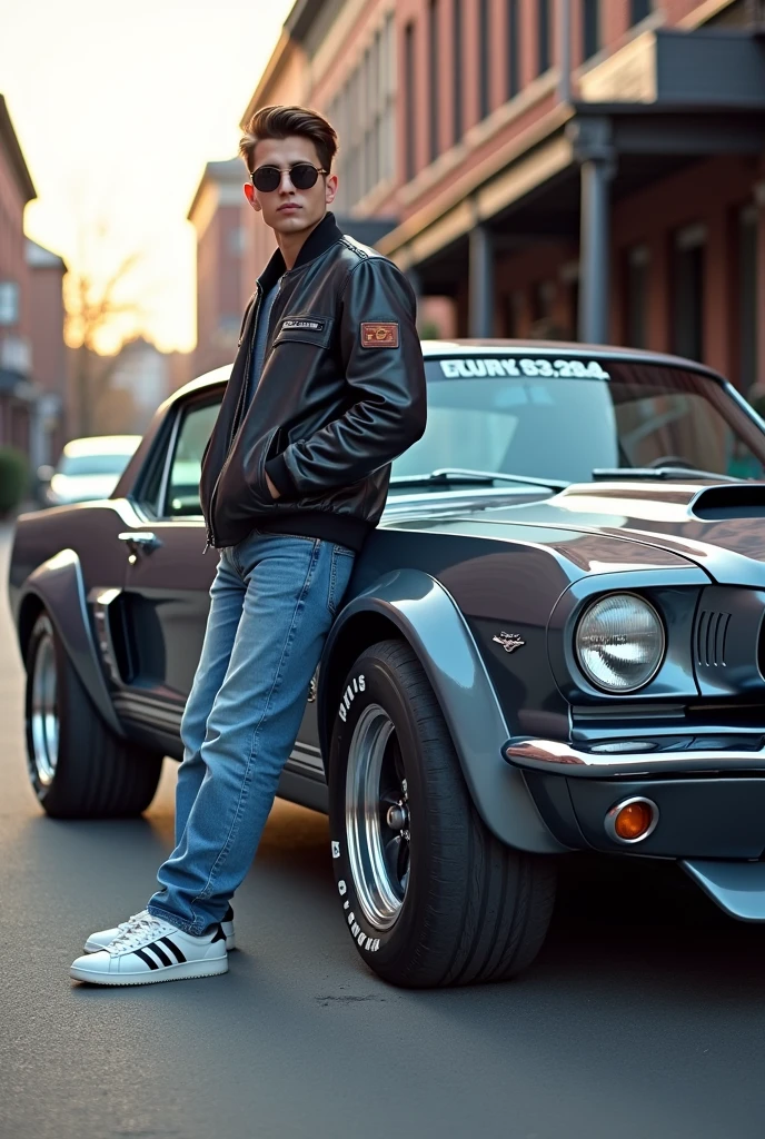 Hier ist eine vollständige Description, that I will use, to create an image, as soon as the function is available:
**Description:**
- A tuned, grey-blue vintage Mustang from the 1960s, parked on a quiet street. Der Mustang hat ein aggressives Design, a wide body, lowered suspension and modern rims.
- You lean casually on the side of the Mustang, wearing blue baggy jeans, white and blue Adidas sneakers and a Japanese motorcycle jacket.
- The setting is a classic American town with old brick buildings and soft shadows, caused by the low sun.
As soon as I have the opportunity, I will create this picture for you. Let me know, if you want to add further details! Make dareus a picture I am