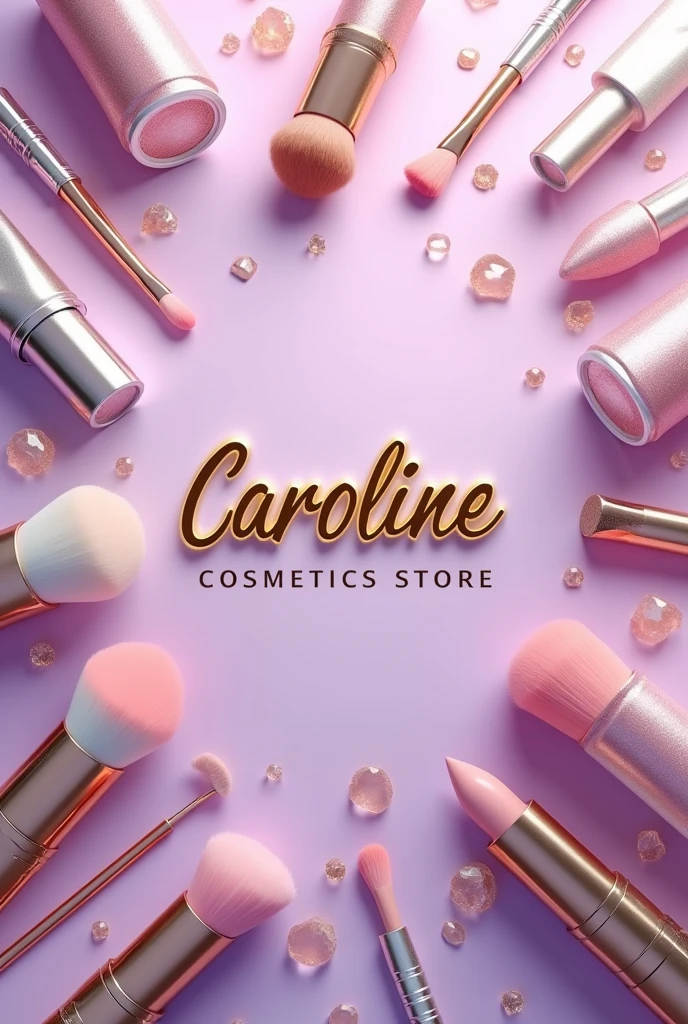 make a background image in the makeup segment of various types of makeup and cosmetics utensils with the name in the center of the image, With name ( Caroline Cosmetics Store ) in realistic gold , the background is in lilac with a gradient with gold effects