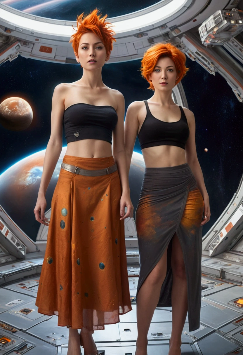 A beautiful 2 woman, short wild orange messy hair, shirtless looking at camera, long skirt, standing in a floot of a big space station end before a window, Spaceship flying in the background, detailed and realistic with sun and planets and moons at more intense and dramatic
