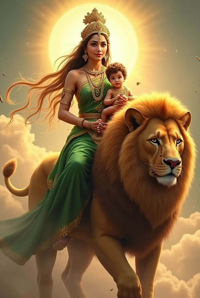 Prompt: "Create an ultra-realistic image of Goddess Skandamata, depicted in her nurturing and powerful form, riding an enormous, majestic lion. She should be dressed in a vibrant green saree, symbolizing growth, fertility, and divine energy. The saree should be richly embroidered with gold patterns, reflecting her regal status. Her skin should have a radiant, golden glow, symbolizing her divine nature, and her face should be serene and motherly, with large, compassionate eyes and a gentle smile that exudes both grace and strength.

In her arms, she should be holding her  son, Lord Kartikeya (also known as Skanda), with tender care.  Kartikeya should be depicted as a beautiful child widivine aura, seated comfortably in his mother's arms, perhaps holding a small weapon like a spear, symbolizing his future role as a warrior god.

The lion she rides should be depicted as extremely large and powerful, with a thick mane and a fierce yet loyal expression, symbolizing courage and protection. The lion’s size and majesty should enhance the divine presence of the goddess.

The background should feature a celestial landscape, with soft, golden light and subtle elements like swirling clouds or a glowing sky, creating an atmosphere that reflects both the nurturing and powerful aspects of Goddess Skandamata. The overall image should capture the essence of her maternal grace, divine authority, and protective strength, presented in a highly realistic and detailed manner."