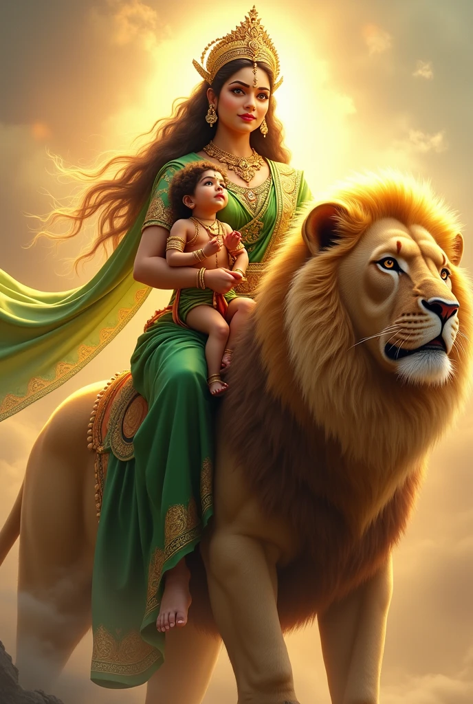 "Create an ultra-realistic image of Goddess Skandamata, depicted in her nurturing and powerful form, riding an enormous, majestic lion. She should be dressed in a vibrant green saree, symbolizing growth, fertility, and divine energy. The saree should be richly embroidered with gold patterns, reflecting her regal status. Her skin should have a radiant, golden glow, symbolizing her divine nature, and her face should be serene and motherly, with large, compassionate eyes and a gentle smile that exudes both grace and strength.
In her arms, she should be holding her son, Lord Kartikeya (also known as Skanda), with tender care. Baby Kartikeya should be depicted as a beautiful child with a divine aura, seated comfortably in his mother's arms, perhaps holding a small weapon like a spear, symbolizing his future role as a warrior god.
The lion she rides should be depicted as extremely large and powerful, with a thick mane and a fierce yet loyal expression, symbolizing courage and protection. The lion’s size and majesty should enhance the divine presence of the goddess.
The background should feature a celestial landscape, with soft, golden light and subtle elements like swirling clouds or a glowing sky, creating an atmosphere that reflects both the nurturing and powerful aspects of Goddess Skandamata. The overall image should capture the essence of her maternal grace, divine authority, and protective strength, presented in a highly realistic and detailed manner."
