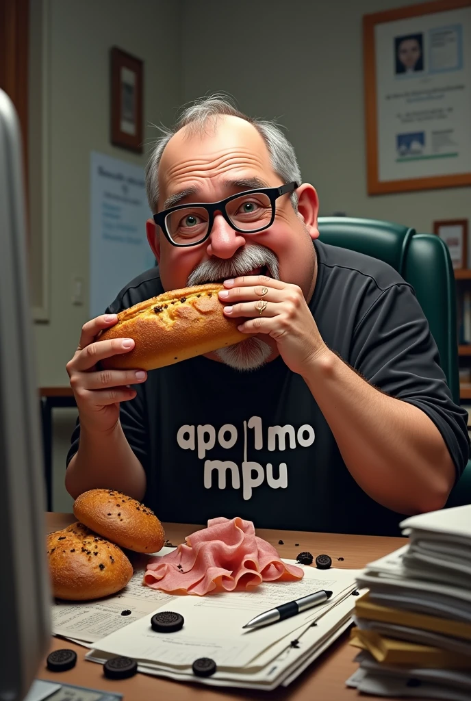white male, aged 50, baldie, wrinkled face, cheeky, Scrawny, but very pot-bellied, wearing glasses and eating baguette with lots of ham. Sitting behind a rather messy desk with a computer, stacks of papers, Oreo crumbs and cookies. Wearing a black shirt with the following phrase: APO1O MPU.