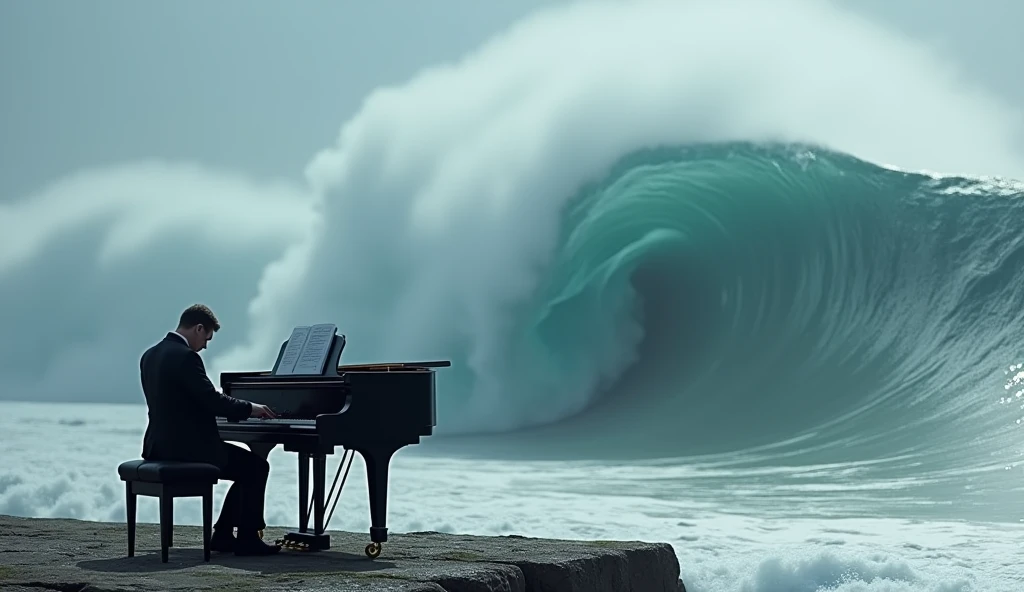 a pianist playing piano in middle big wave coming in distance, photorealistic, 8k, natural lighting, HDR, high resolution, shot on IMAX Laser, intricate details