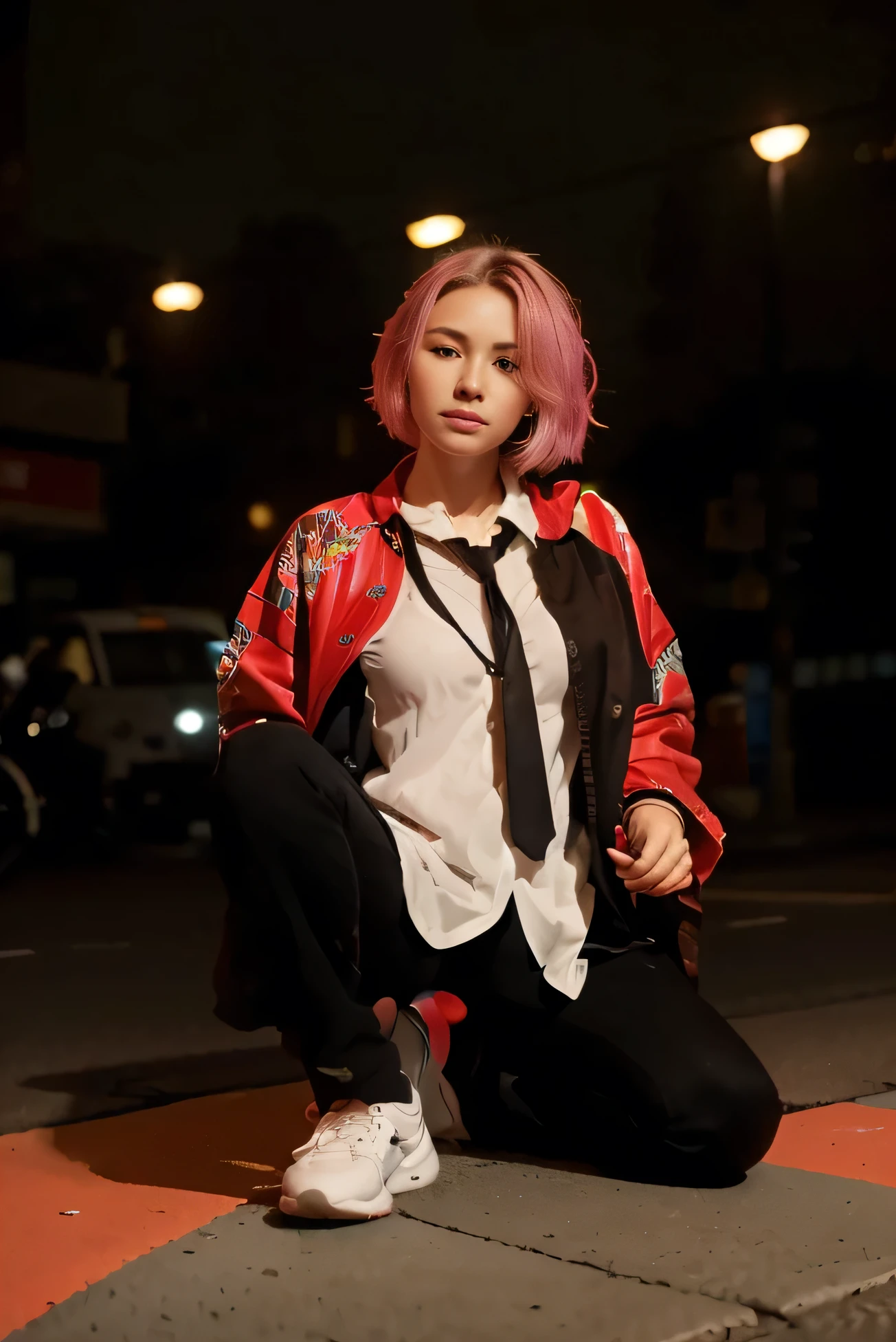 (Best quality, 8k, 32k, Masterpiece, UHD:1.2) "Transform the setting to a bustling Japanese city street scene. Picture narrow, winding streets lined with traditional Japanese architecture mixed with modern buildings. Neon signs in kanji script flicker above small shops, restaurants, and vending machines. The streets are wet, reflecting the vibrant lights from the signs and street lamps. Sidewalks are bordered by perfectly trimmed bushes, and the occasional bicycle is parked by the road. The atmosphere is serene yet lively, with a light mist in the air, creating a sense of calm despite the urban setting. There are no people, allowing the city’s ambiance to shine through in its purest form."