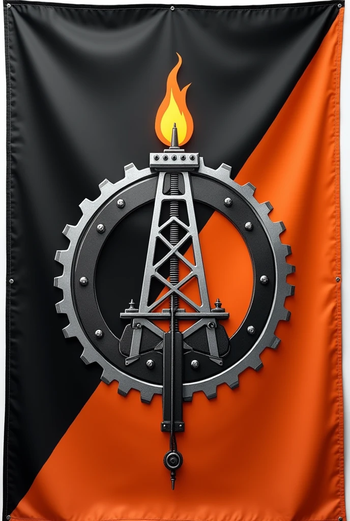 Flag Design Description:
Overall Shape: The flag maintains a 3:2 rectangular ratio, giving it a balanced and professional appearance that is suitable for display in various environments, from corporate settings to large outdoor installations.on a flagpost
Primary Colors: The background of the flag is divided into two halves, split diagonally from the top left to the bottom right:
Top Left: A deep, midnight black, symbolizing the richness of crude oil, the core of the industry, and the depth of the earth where resources are extracted.
Bottom Right: A vibrant, industrial orange, representing energy, innovation, and the fiery process of refining and processing oil and gas.
Borders: The flag is bordered by a thick, metallic silver band, symbolizing the pipelines, machinery, and infrastructure critical to the oil and gas industry. This silver border provides a sleek, modern contrast against the bold colors of the flag.
Central Emblem Placement: The emblem is prominently placed at the center of the flag, ensuring it is the focal point and symbolizing the company’s dominance in the industry.
Emblem Design:
Core Symbol: The emblem features a stylized oil derrick, depicted in sharp, angular lines in metallic silver. The derrick stands tall and imposing, symbolizing the extraction process, engineering prowess, and the company's strength in the industry. The base of the derrick is surrounded by ripples in the black portion of the flag, indicating the impact and reach of the company’s operations.
Flame Detail: At the top of the derrick, a flame is depicted in the vibrant industrial orange, symbolizing the refinement process, energy production, and the company’s commitment to innovation and sustainability. The flame has a subtle gradient, moving from dark orange at the base to a bright yellow at the tip, indicating the energy transition.
Circular Frame: The derrick and flame are enclosed within a circular frame, reminiscent of a pipeline or gear, in metallic silver. The i