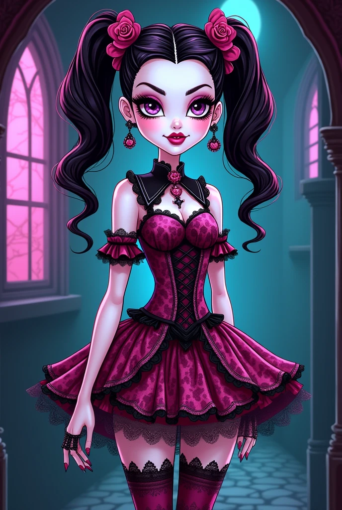 Create a redesign image for Draculaura [Monster High] using gothic and lolita style [Cartoon Style]