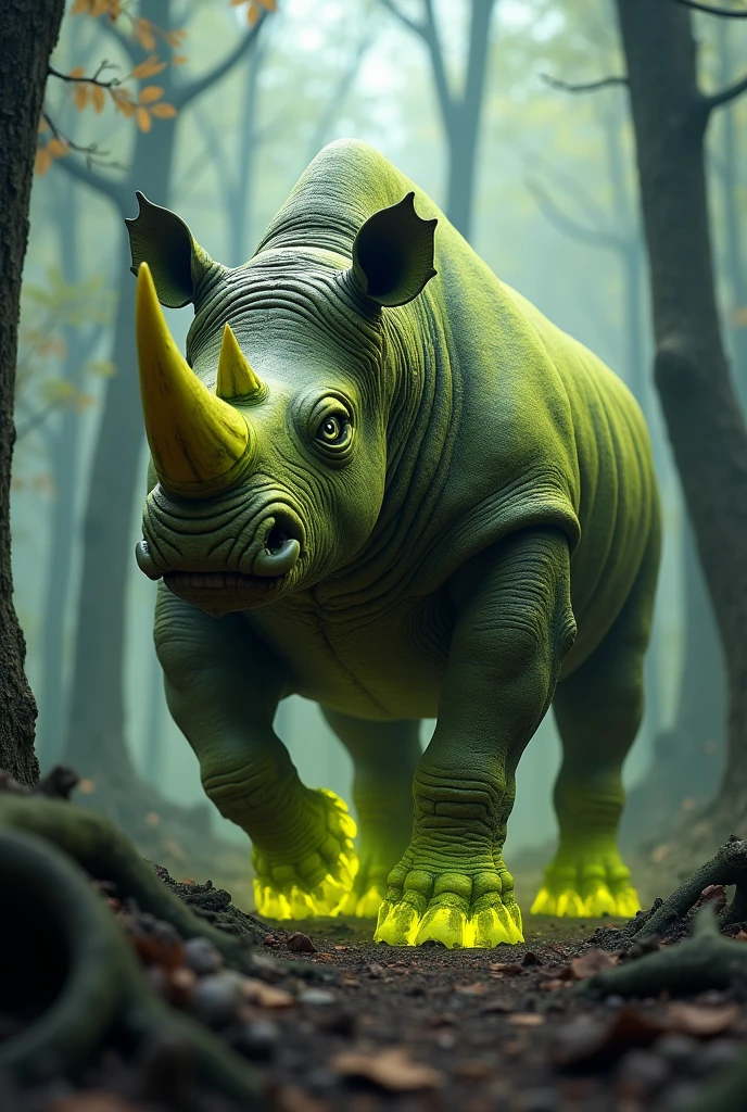 Rhino on two legs. But he was exposed to radioactive radiation and mutated. Be very angry.There is a greenish yellow substance on it that is toxic.Let the reindeer stand on two legs in the forest where the trees have fallen.