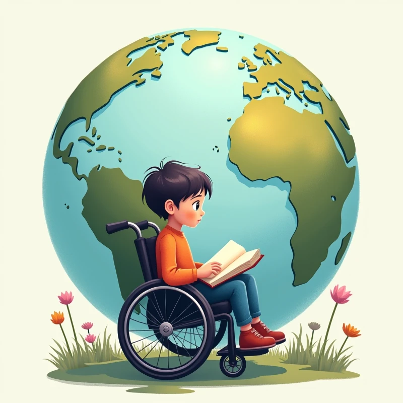 speaks an illustration with transparent background, merging planet earth, wheelchair child book