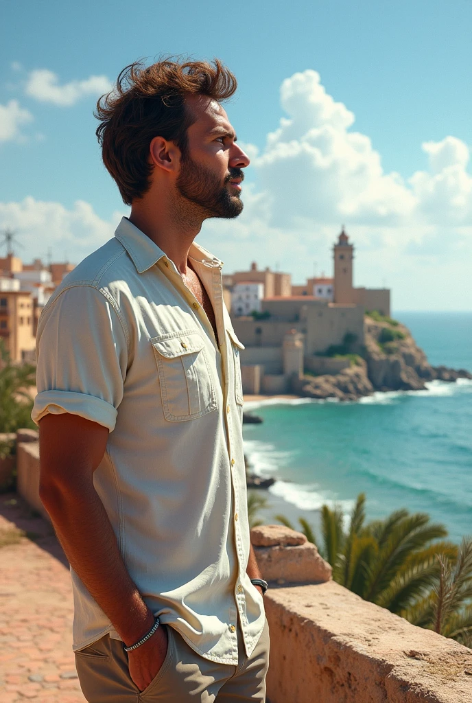 A man wearing a summer shirt and summer shorts looks from a distance at Essaouira, a very realistic and real giant
