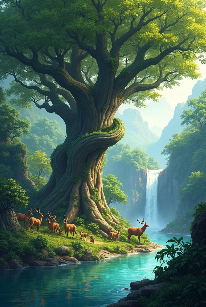 A wide background image in jungle witha big tree middle with a small snake in it branch and left site deers drinking river water and right site got a waterfall