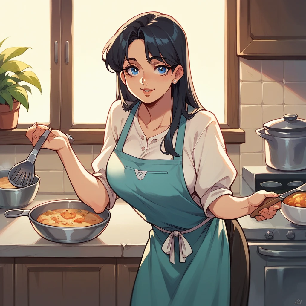 a MILF in her late 40s is in her kitchen. She has a dress and a cooking apron. she smiles softly at you and has long black hair with blue eyes