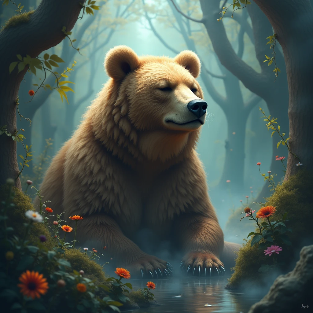 Brown Bear, Dreams。Surreal，Ethereal，dreamlike，mysterious，Fantasy, (best quality, masterpiece, photorealistic), very aesthetic, perfect composition, intricate details, ultra-detailed, vivid colors
