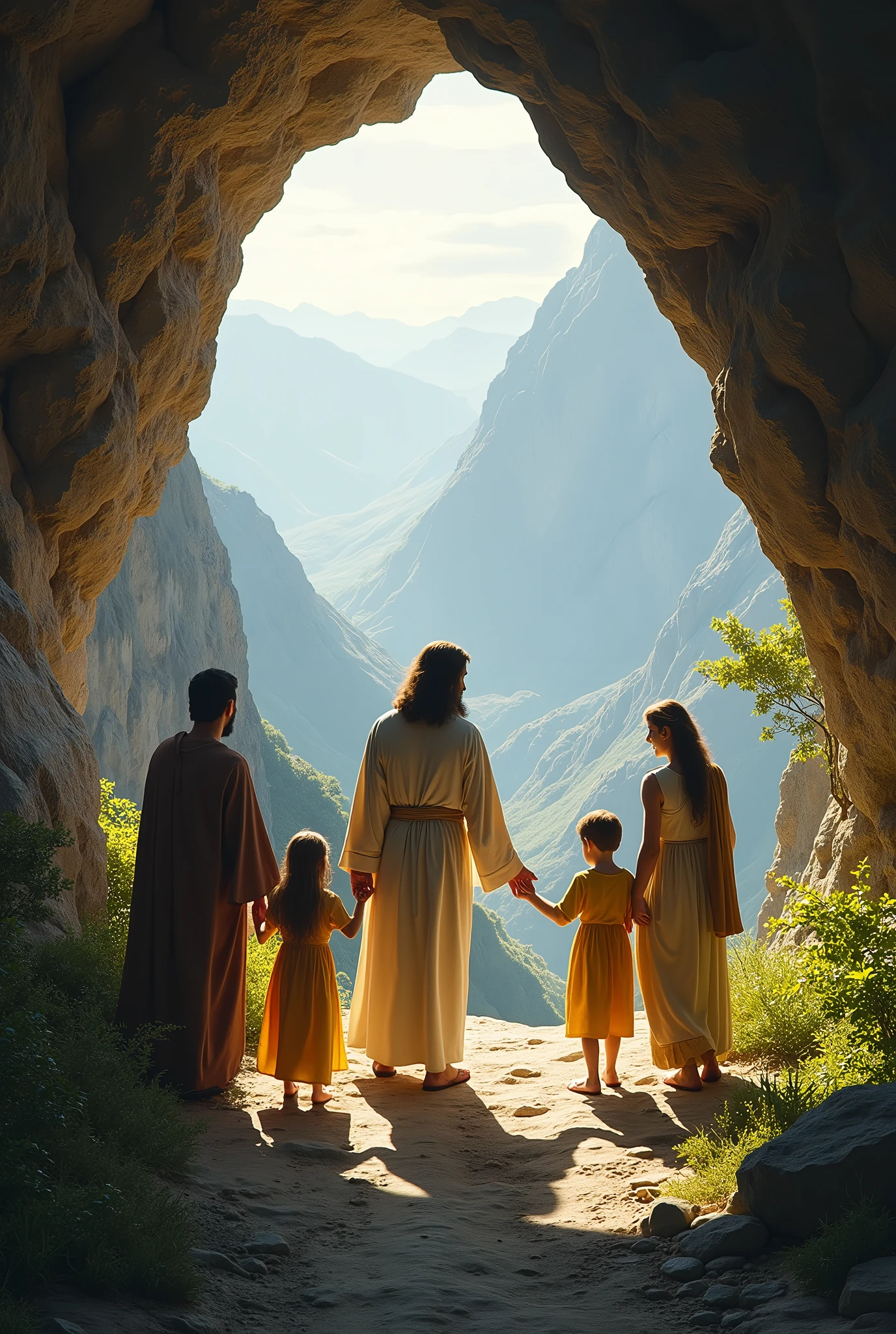 Jesus standing at the door of a cave waiting for a family of father, mother and two children walking towards him