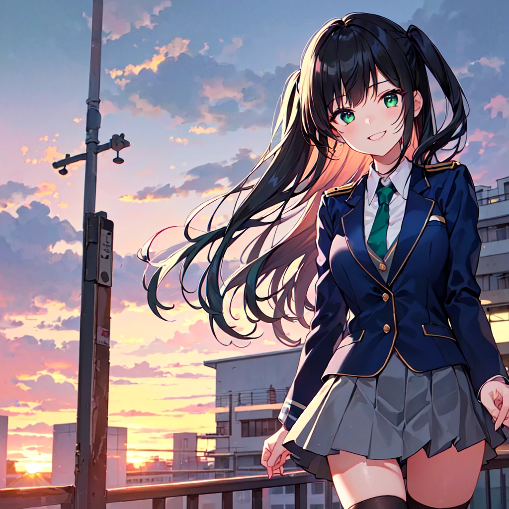 masterpiece, best quality, high quality, extremely detailed, very delicate and beautiful, (1female 1 adult solo:1.5), (long black hair with two side up:1.5), bangs to eyebrows, eyes sharp and bright (eye color magenta:1.3), 6.5 head height, (clothes navy blue uniform blazer and gray uniform skirt and tie blue-green and black knee socks:1.3), lace, (standing), ( walking :1.3),(dynamic pose), (smiling), (upper body:1.3), (background School building:1.3), ( sunset:1.3)