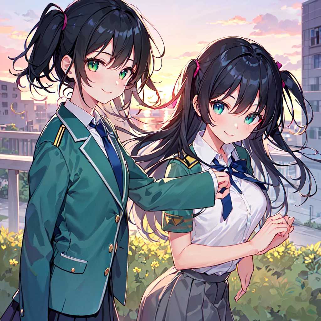 masterpiece, best quality, high quality, extremely detailed, very delicate and beautiful, (1female 1 adult solo:1.5), (long black hair with two side up:1.5), bangs to eyebrows, eyes sharp and bright (eye color magenta:1.3), 6.5 head height, (clothes navy blue uniform blazer and gray uniform skirt and tie blue-green and black knee socks:1.3), lace, (standing), ( walking :1.3),(dynamic pose), (smiling), (upper body:1.3), (background School building:1.3), ( sunset:1.3)