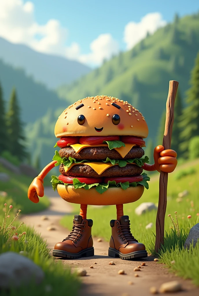 A hamburger with arms and legs wearing hiking boots and a wooden stick.