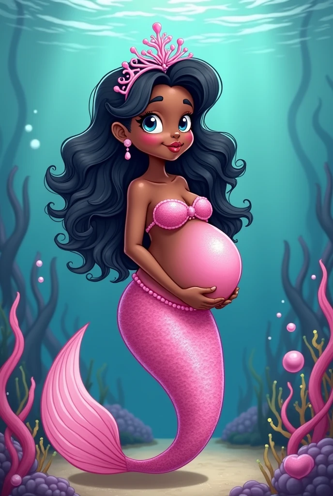 Pregnant black mermaid with half up half down curly hair looking surprised with pink mermaid outfit also has on a pink tiara and earrings cartoon style 