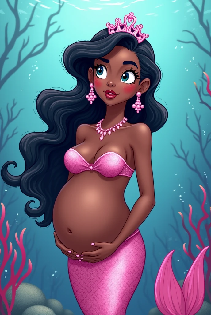Pregnant black mermaid with half up half down curly hair looking surprised with pink mermaid outfit also has on a pink tiara and earrings cartoon style